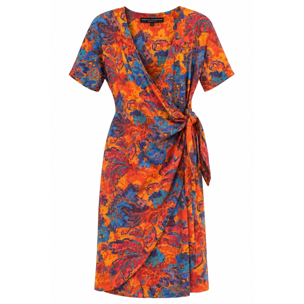 Peruvian Connection Bahia Faux Wrap Dress Orange Blue Floral Cuffed Sleeve M